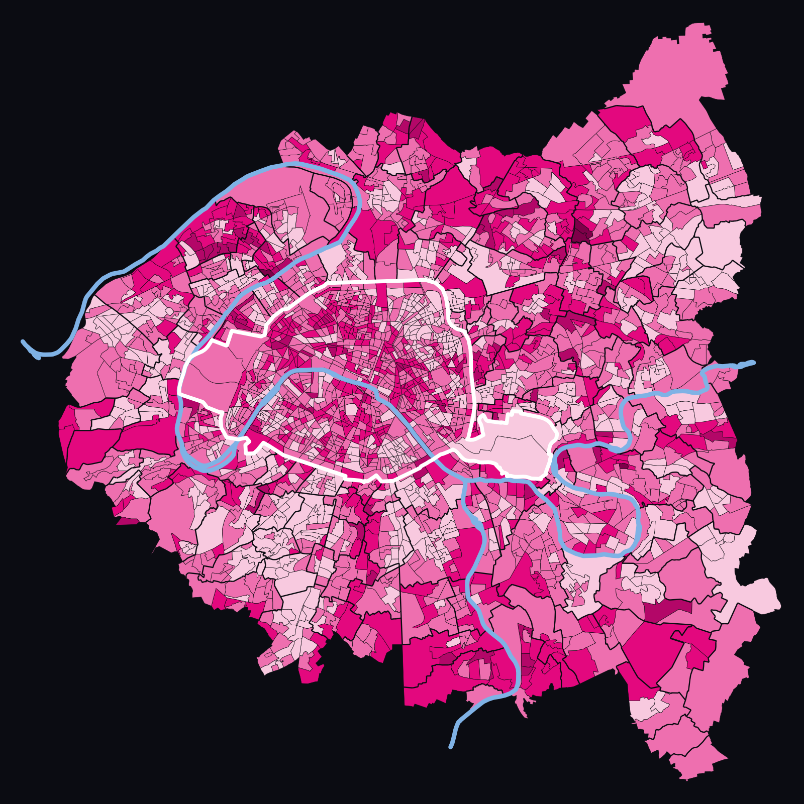 Carte des 2 752 quartiers de Paris et de la petite couronne, colorés selon le nombre d’expositions cumulées